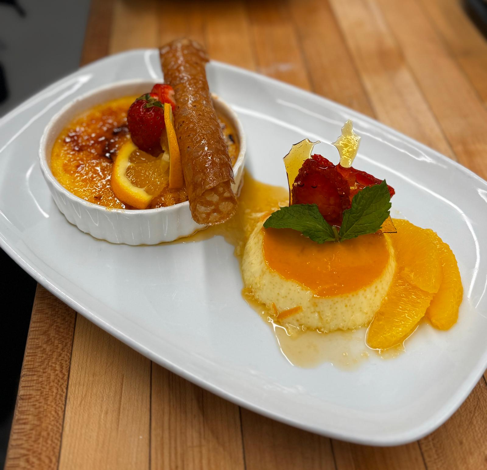 Crème brûlée and panna cotta on a single dessert plate