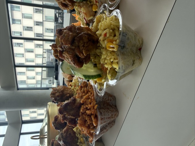 Rice portions with fried chicken in star containers