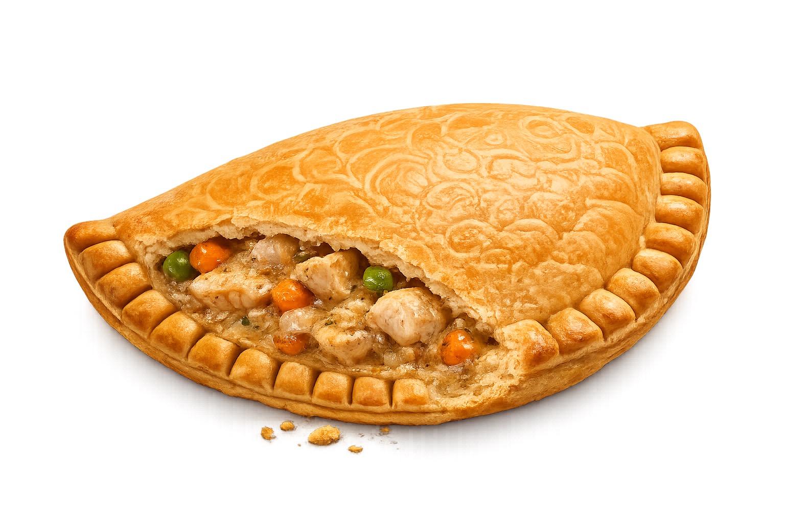 Golden round chicken pie with crimped edges