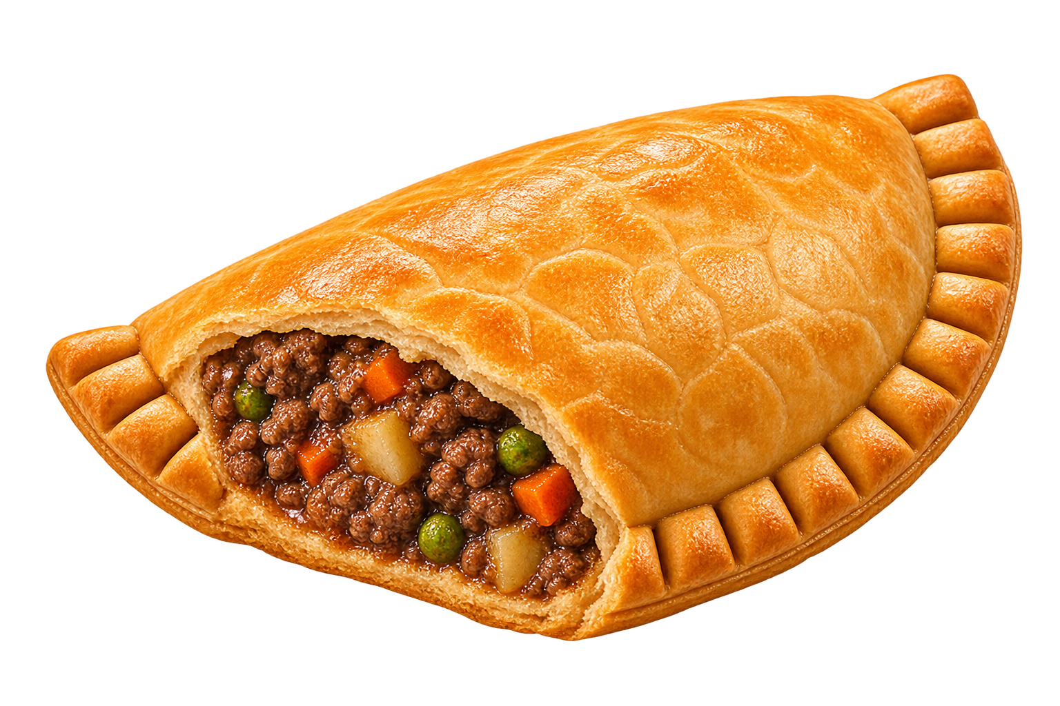 Two golden crescent meat pies on a napkin