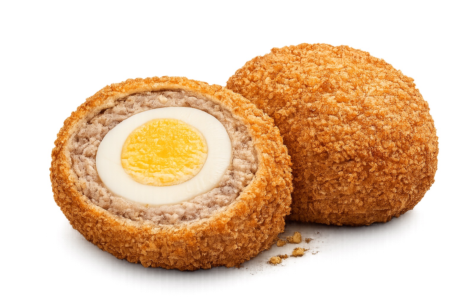Scotch eggs on a plate with golden yolk visible