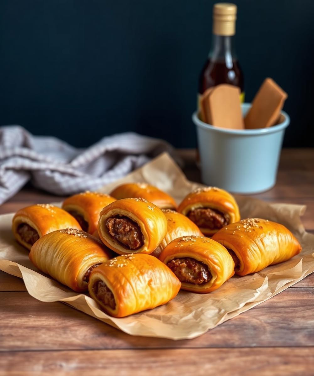 Golden sausage rolls on brown parchment